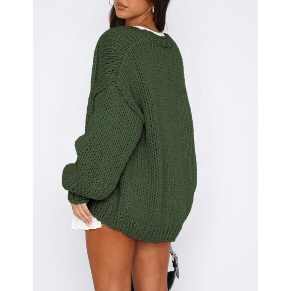 Womens Trendy Cardigan Sweaters Fall Army Green Long Sleeve Chunky Knit Outfits - Picture 2 of 8